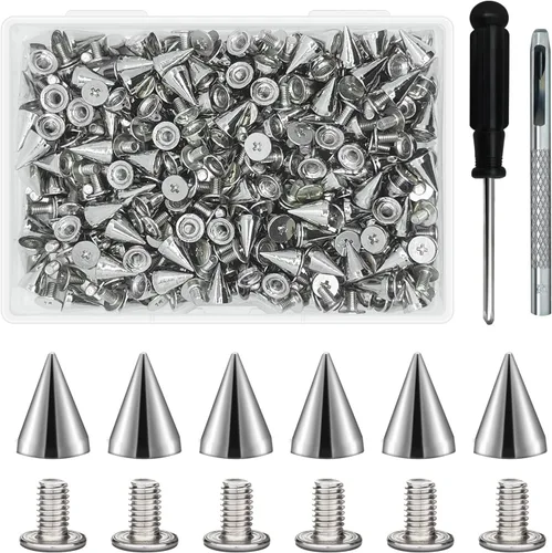 200 juegos de 9.5 mm de spikes de cono metálicos, spikes de árbol, remaches insertos roscados para manualidades de cuero, decoración, estilo punk