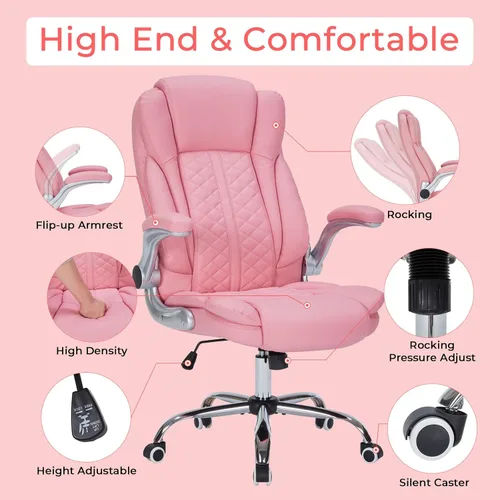 Miniatura 4 de Silla de oficina ejecutiva de 400 libras con reposabrazos abatibles, silla de computadora grande y alta para personas pesadas, silla ergonómica Rosa