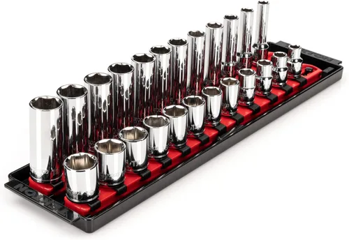 TEKTON - Juego de llaves de vaso de 3/8 pulgadas con rieles y bandeja, poco profundo y profundo, 6 puntos, 24 piezas (8-19 mm) | SHD91215