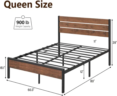 Miniatura 2 de Base de cama rústica tamaño Queen con cabecero, plataforma de metal, marco de cama de granja, listones de metal, marco de cama resistente