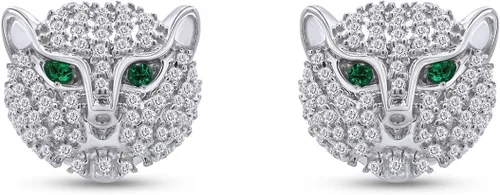 Aretes tipo dormilona con circonita cúbica blanca y esmeralda verde de corte redondo para mujer en oro de 14 quilates sobre plata de ley con push