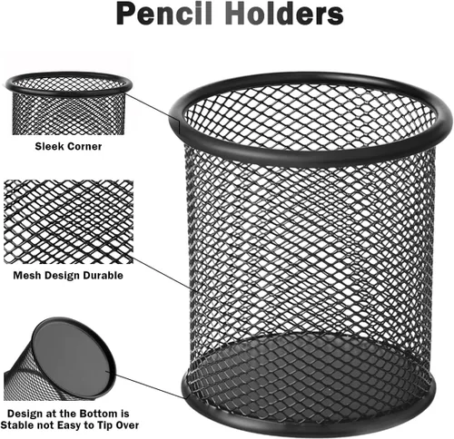 Miniatura 4 de Paquete de 2 soportes metálicos de malla para bolígrafos, 3.54 x 3.85 pulgadas, organizadores de espacio de trabajo para la oficina escolar