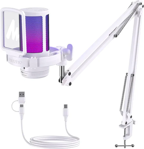 Micrófono USB para juegos MAONO con cancelación de ruido, micrófono para computadora PC con brazo articulado, luz RGB, silencio, ganancia, micrófono