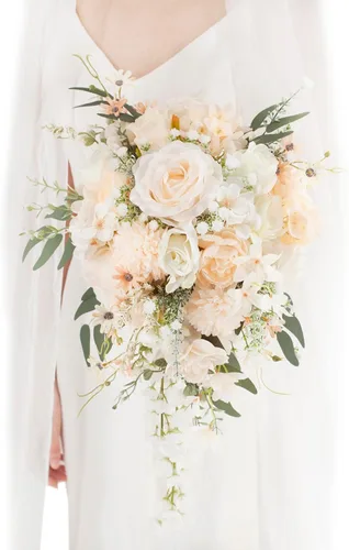 Ramos de boda de champán de 11 pulgadas para novia, rosas artificiales blancas, ramo de flores en cascada para novia, rústico, bohemio, otoño,