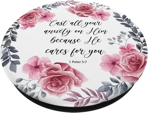 Miniatura 2 de 1 Peter 5 7 Rosa Azul Cristiano Biblia Versículo Cita para Mujeres PopSockets Swappable PopGrip