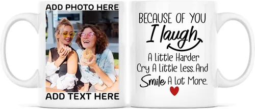 Taza de café con texto en inglés "Because Of You I Laugh", regalo para mujeres, mejores amigas, mejores amigas, tazas personalizadas de amistad,