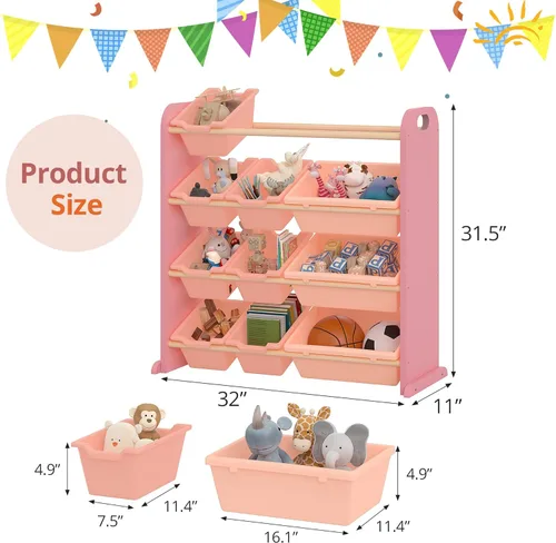 Miniatura 3 de VECELO Organizador de almacenamiento de juguetes para niños de gran capacidad con 12 contenedores - Estante de madera para juguetes para niños Rosa