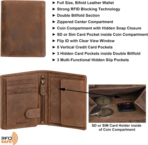 Miniatura 5 de Billetera de cuero para hombre con cierre de moneda con cierre RFID, Bugatti Bronceado, Cartera de cuero para hombre de tamaño completo