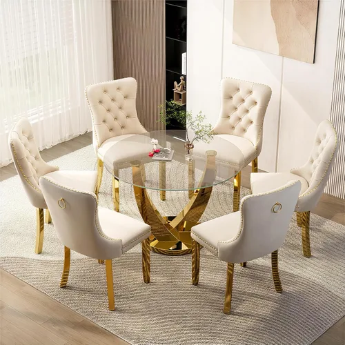 Miniatura 14 de Juego de mesa de comedor redonda de vidrio de 38.9 pulgadas para 4, mesa de cocina redonda dorada con 4 sillas decorativas de terciopelo tapizadas