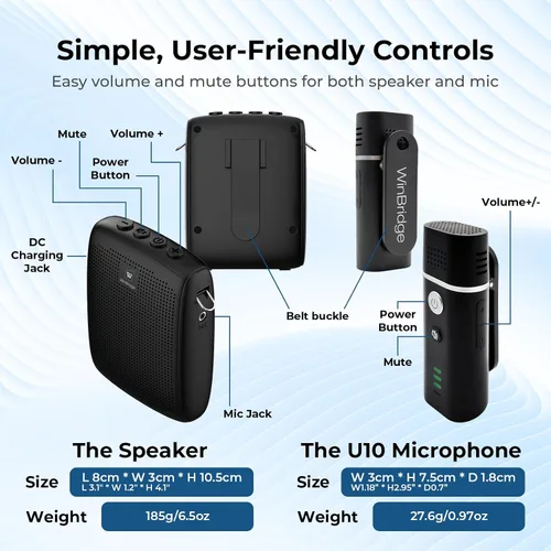 Miniatura 6 de WinBridge - Amplificador de voz portátil con micrófono Bluetooth Lavalier, micrófono de profesor con altavoz, amplificador de solapa inalámbrico