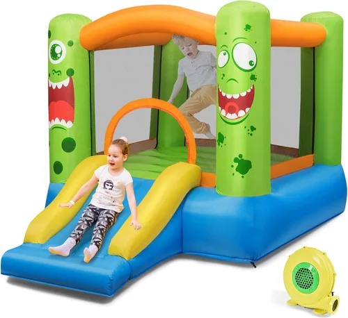 HONEY JOY Casa inflable de rebotes, luna inflable para niños con tobogán, área gigante de saltos, fosa de pelotas oceánicas, aro de baloncesto,