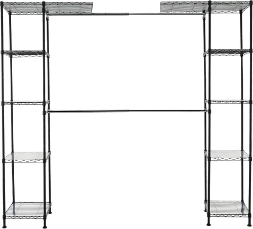 Miniatura 3 de AmazonBasics Armario colgante de metal expandible con estantes, color negro y 5 estantes ajustables, estantería de almacenamiento resistente