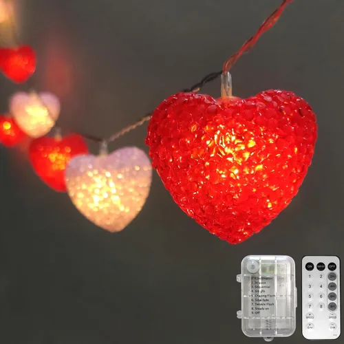 Cadena de luces de San Valentín alimentadas por pilas, 6.8 pies, 10 luces LED de corazón con temporizador remoto, decoración de San Valentín, luz de