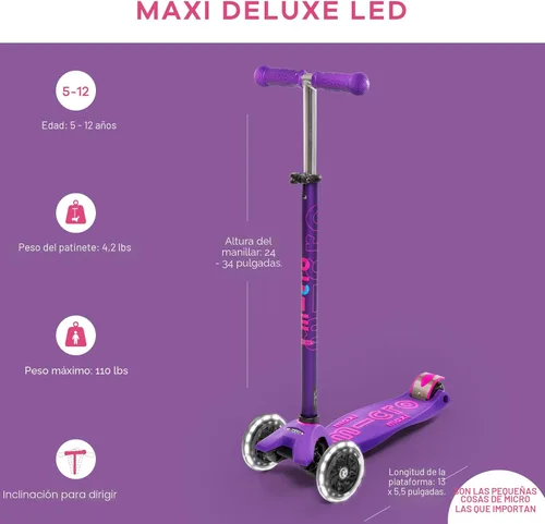Miniatura 6 de Micro Kickboard – Maxi Deluxe LED – Monopatín pequeño de tres ruedas, inclinado a girar, diseño suizo para niños con ruedas con luces LED activadas