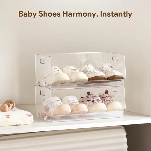 Miniatura 3 de HBlife Zapatero de acrílico transparente para niños, organizador de almacenamiento de zapatos para bebé, piso, entrada, dormitorio, 2 niveles