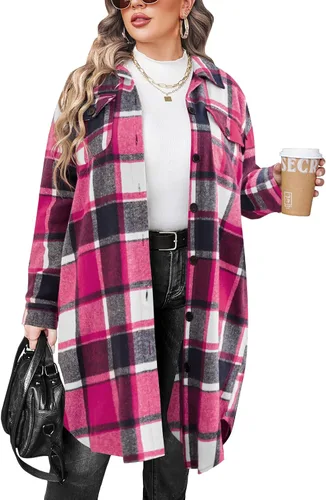 IN'VOLAND Camisas de franela a cuadros de talla grande para mujer, manga larga, con solapa, estilo novio, con botones, chaqueta larga de tartán