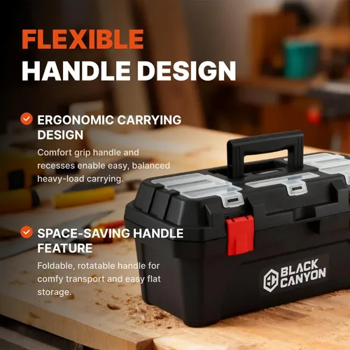 Miniatura 7 de Black Canyon Caja de herramientas de plástico de 17 pulgadas, soporta hasta 44 libras, diseño de doble capa, flexible para apilar, almacenamiento