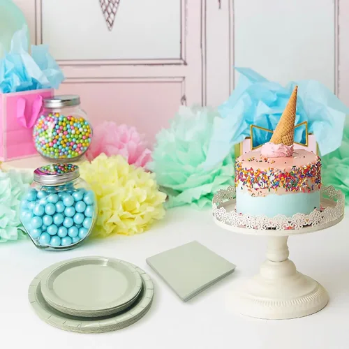 Miniatura 4 de Platos de papel verde salvia, 100 unidades, 50 platos de postre de papel verde salvia + 50 servilletas, platos desechables para fiesta de cumpleaños