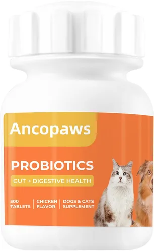 Probióticos para perros y gatos, tabletas de pollo, 300 unidades, apoyo digestivo y estómago sensible, alivio de gases y hinchazón, transición