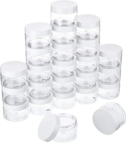 Miniatura 8 de SATINIOR 24 frascos de plástico transparente vacíos con tapas, recipientes de almacenamiento redondos de boca ancha para productos de belleza