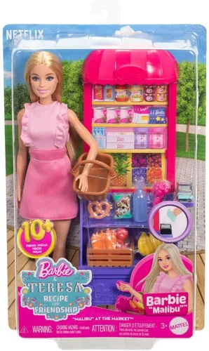 Miniatura 6 de Muñeca y juego de moda de amistad de Barbie y Teresa, tema Malibu en el mercado con 11 accesorios incluyendo puesto de mercado y comida