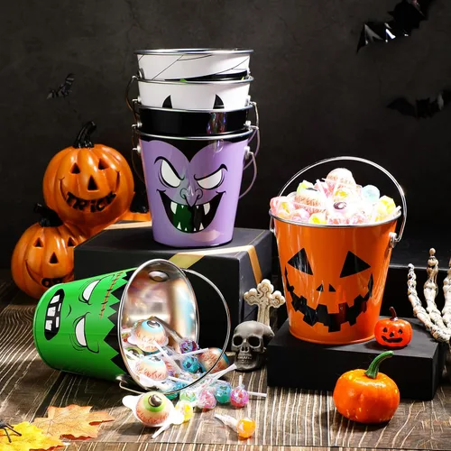 Miniatura 5 de Tioncy 6 cubos de calabaza de Halloween a granel de metal para trucos o golosinas, cubo de recuerdos de fiesta con asa, cubo pequeño de calabaza