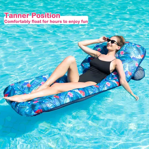 Miniatura 4 de FindUWill Tumbona inflable para piscina, flotador de tela con soporte para tazas, respaldo, flotadores de agua de natación para adultos