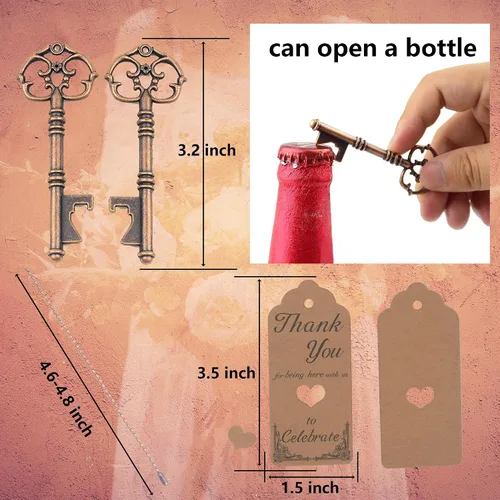 Miniatura 4 de Aokbean Juego de 52 piezas de abridor de botellas con diseño de esqueleto vintage, recuerdo de boda, recuerdo de invitado, con tarjeta de Cobre