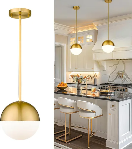 LMS Iluminación colgante moderna con globo dorado, lámpara colgante de mediados de siglo, lámpara colgante de una lámpara para isla de cocina,