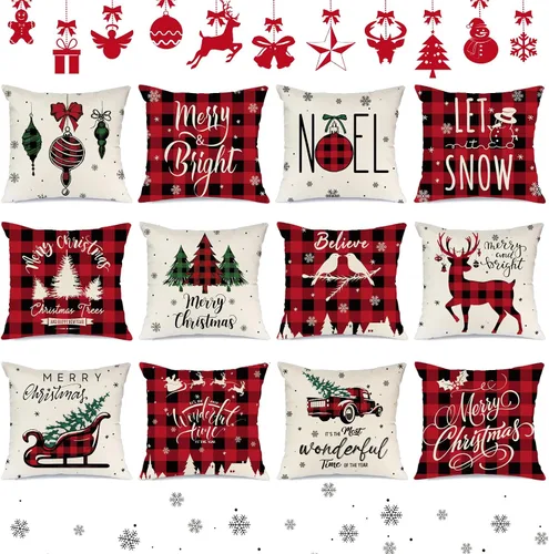 Miniatura 9 de Ganeen Juego de 12 fundas de almohada navideñas de 18 x 18 pulgadas, decoración de acuarela, muñeco de nieve, ciervo, guantes, patines, camiones