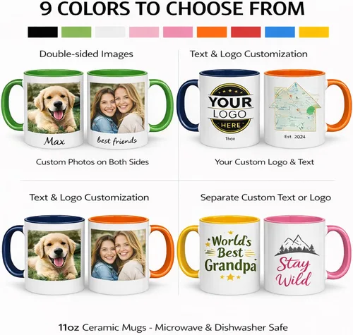 Miniatura 5 de Taza de café personalizada de cerámica de 11 onzas – Añade foto, texto o logotipo Taza de imagen personalizada, impresión a doble cara, apta
