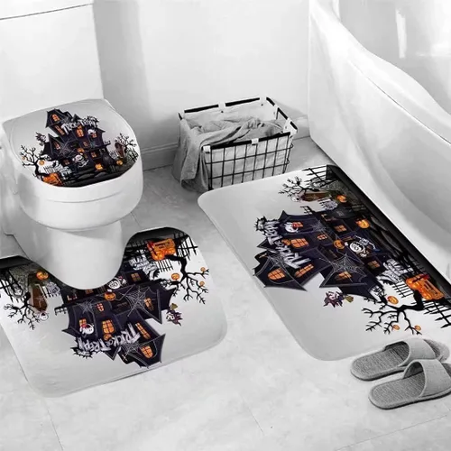 Miniatura 3 de NBVKO Cortina de ducha impermeable de calabaza de Halloween, con alfombras antideslizantes, cubierta para la tapa del inodoro y tapete de baño, set