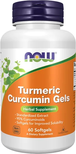 NOW Suplementos, Geles de curcumina tumérica (Curcuma longa), extracto estandarizado, suplemento herbario con 95% de curcuminoides, 60 cápsulas