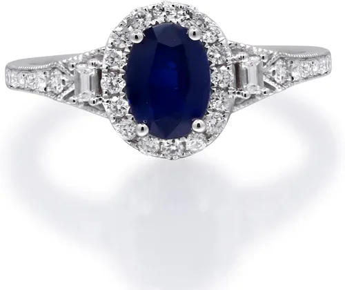 Miniatura 4 de Gin & Grace Anillo de zafiro azul genuino de oro blanco de 14 quilates con diamantes para mujer. Joyas hechas a mano de zafiro con forma de óvalo