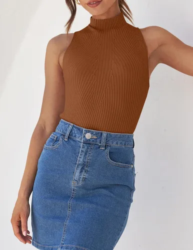 Miniatura 7 de ZESICA Camisetas sin mangas de verano para mujer, cuello de tortuga, de punto acanalado, ajustadas, básicas, casuales