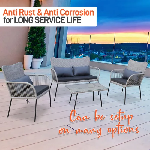 Miniatura 5 de SereneLife Muebles de ratán para exteriores, incluye 1 doble y 2 sillas individuales con cojín y 1 mesa de centro con tapa de cristal, juego