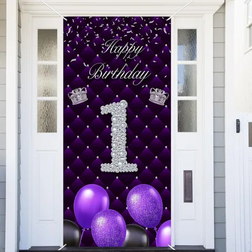 Cartel morado de feliz primer cumpleaños telón de fondo para cabina de fotos, globos de corona plateada, decoración temática para niña, aniversario