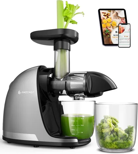 Miniatura 10 de Máquinas exprimidoras - AMZCHEF Exprimidor de jugo de prensa en frío con masticación para frutas y verduras enteras - Masticación delicada sin Ébano