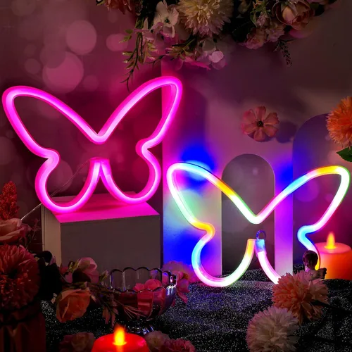 Riakrum 2 Piezas de Letreros de Neón de Mariposa, Luz LED Alimentada por Batería 3AA Operada por USB, Decoración de Luz de Neón de Pared, Arte de