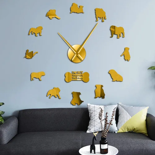 Miniatura 10 de The Geeky Days English British Bulldog contemporáneo 3D DIY reloj de pared con lindo hueso Pet Shop espejos superficie (negro)