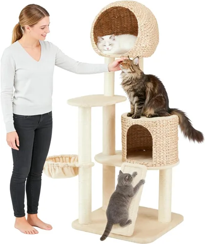 Árbol de ratán para gatos, tejido a mano, moderno, ecológico, con poste rascador para interiores, grande, 60.2 pulgadas de alto, condominio de lujo