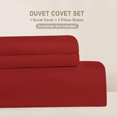 Miniatura 8 de Juego de funda de edredón 100% algodón, cierre de cremallera oculto, ultra suave, fácil de cuidar y duradero, estilo de cama simple, Queen, rojo