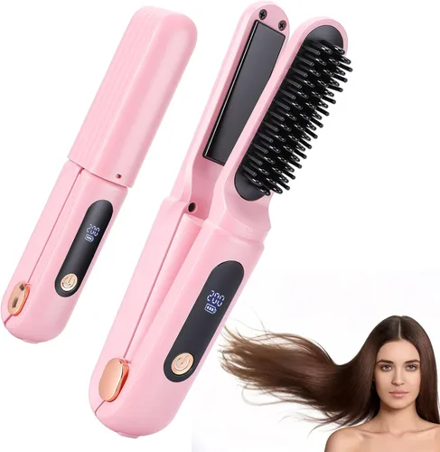 Miniatura 8 de Cepillo alisador de pelo inalámbrico, alisador de pelo portátil de viaje, mini plancha plana recargable 2 en 1 y cepillo alisador de cabello