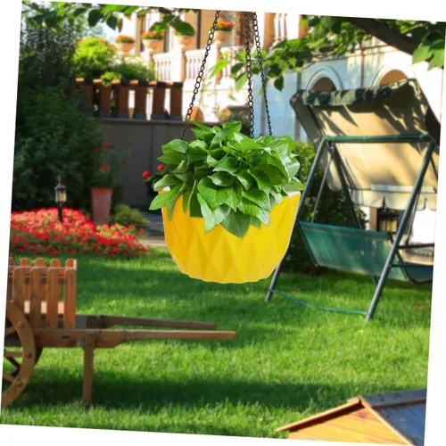 Miniatura 8 de Yardwe Maceta colgante para exteriores, maceta de riego automático amarilla, cuenco de plástico a prueba de óxido, cadena triangular estable