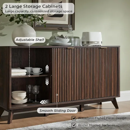 Miniatura 4 de T4TREAM Gabinete de buffet acanalado, aparador moderno de 60 pulgadas con puertas corredizas y 4 cajones, mesa de bar de café con almacenamiento