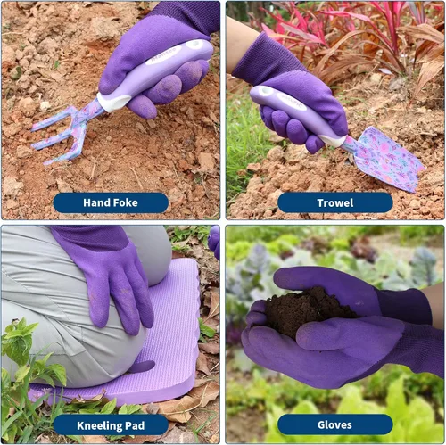 Miniatura 4 de Juego de herramientas de jardín morado de 10 piezas, herramientas de mano de aleación de aluminio y acero con mango ergonómico antideslizante, bolsa