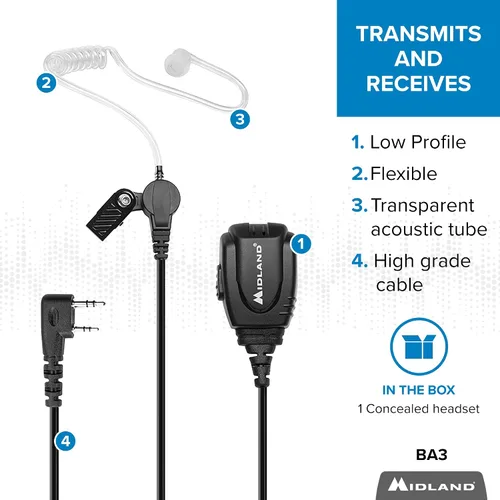 Miniatura 2 de Midland Auriculares ocultos BA3 para radios comerciales - Auricular transparente con micrófono Push to Talk