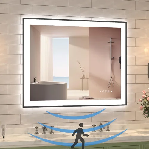 Miniatura 11 de Espejo de baño LED de 20 x 28 pulgadas con luces, espejos iluminados delanteros y traseros para montaje en pared de baño, decoración de marco negro
