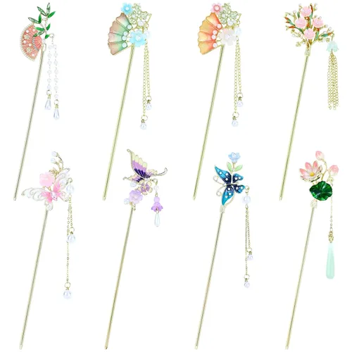 Miniatura 11 de inSowni 8 Piezas Palillos de Cabello Retro Vintage Asiáticos Chinos Tradicionales Hanfu de Metal Plateado con Colgantes de Cuentas de Perlas Flor