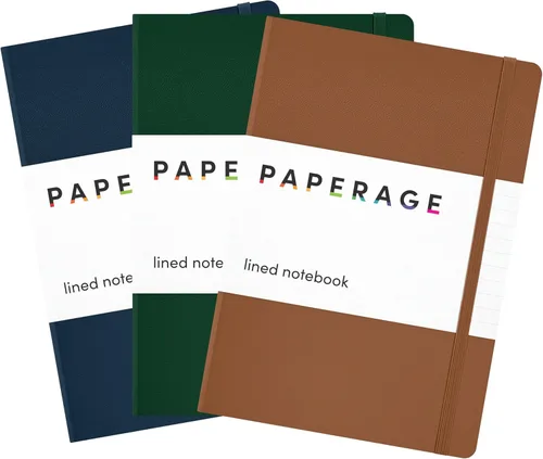 PAPERAGE - Libreta de rayas, tipo diario, paquete de 3, (cognac, verde oscuro, azul marino), 160 páginas, tamaño mediano de 5.6 x 8 pulgadas - papel